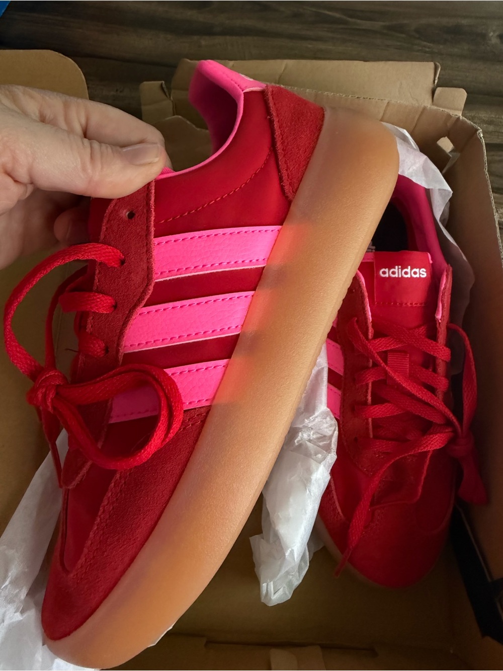 adidas barreda Kids Red & Hot Pink Suede Sneakers with Gum Sole size 3.5Y